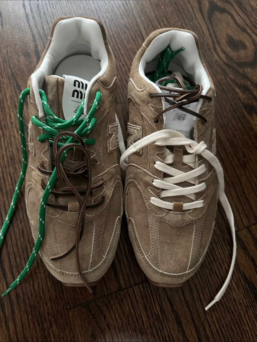 Miu Miu Taupe Suede Men’s Sneakers with Multi-Color Laces